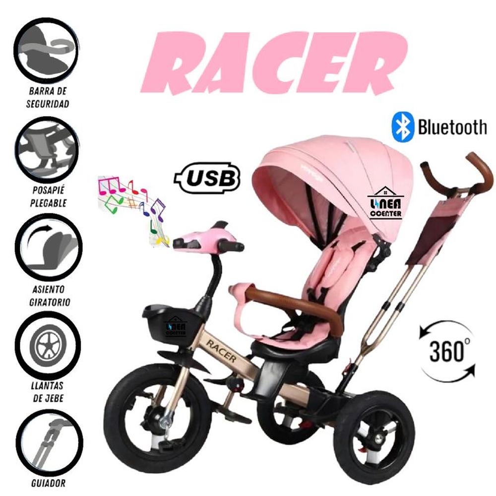 Triciclo Miusical USB Bluetooth Racer Giratorio -Rosado