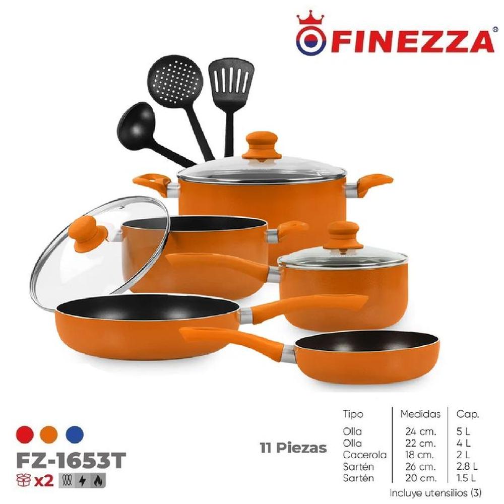 Set de Ollas Antiadherentes Finezza 11 pzas FZ-1653T-Naranja
