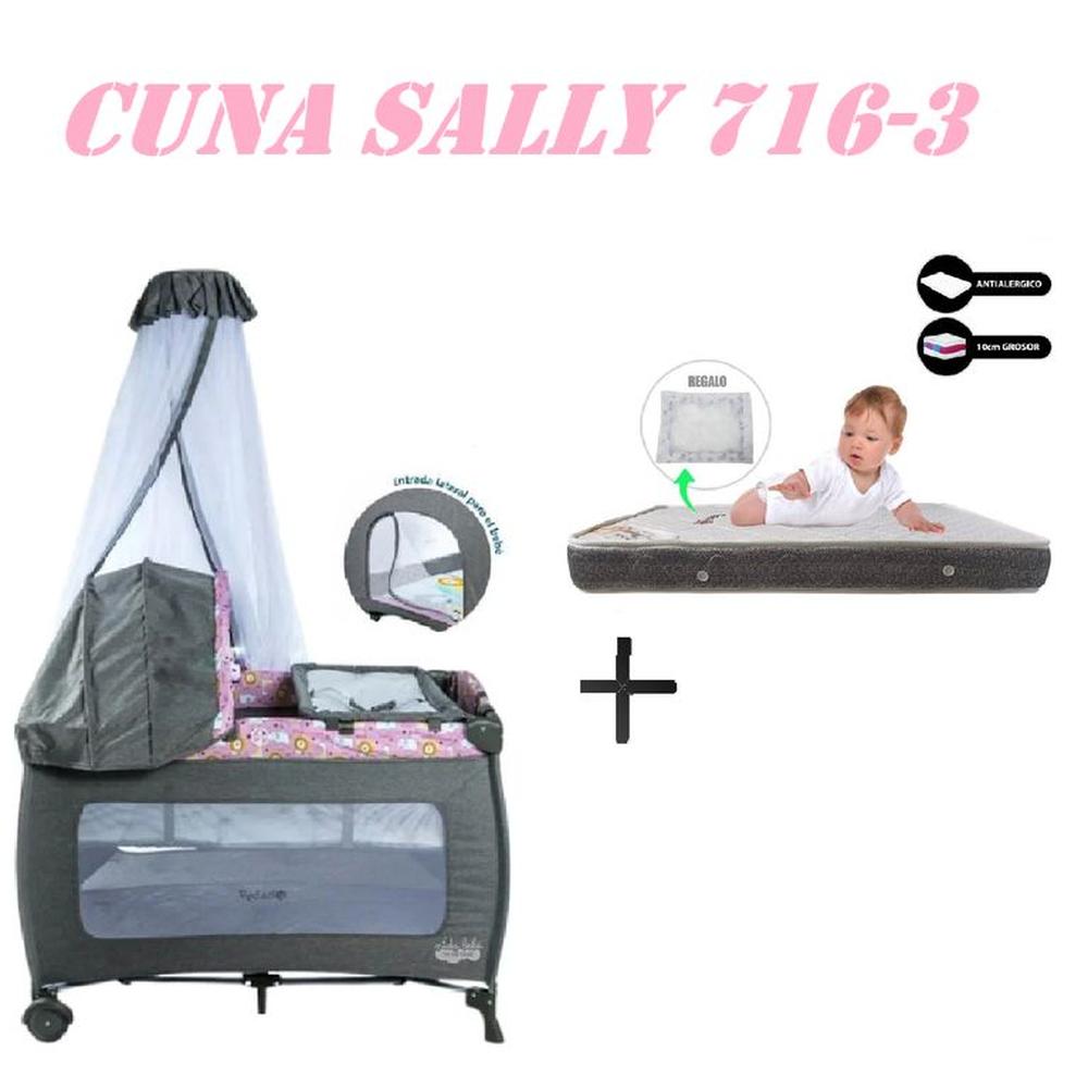 Cuna Corral Ebaby 716-3 Sally Colchon Rosa-Gris