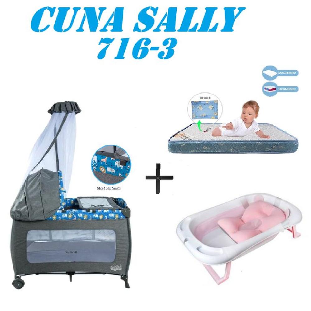 Cuna Ebaby 716-3 Sally Tina Rosa Colchon Azul-Azul