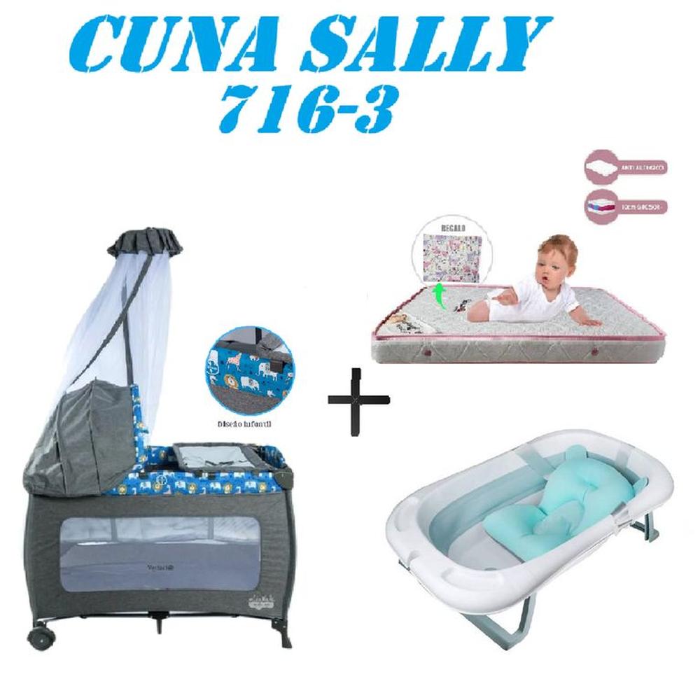 Cuna Ebaby 716-3 Sally Tina Azul Colchon Azul-Rosa