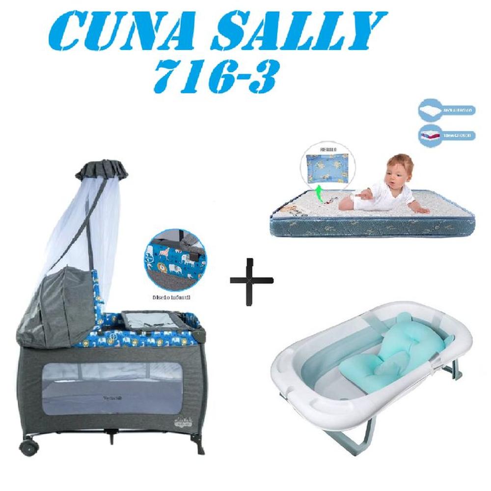 Cuna Ebaby 716-3 Sally Tina Azul Colchon Azul-Azul