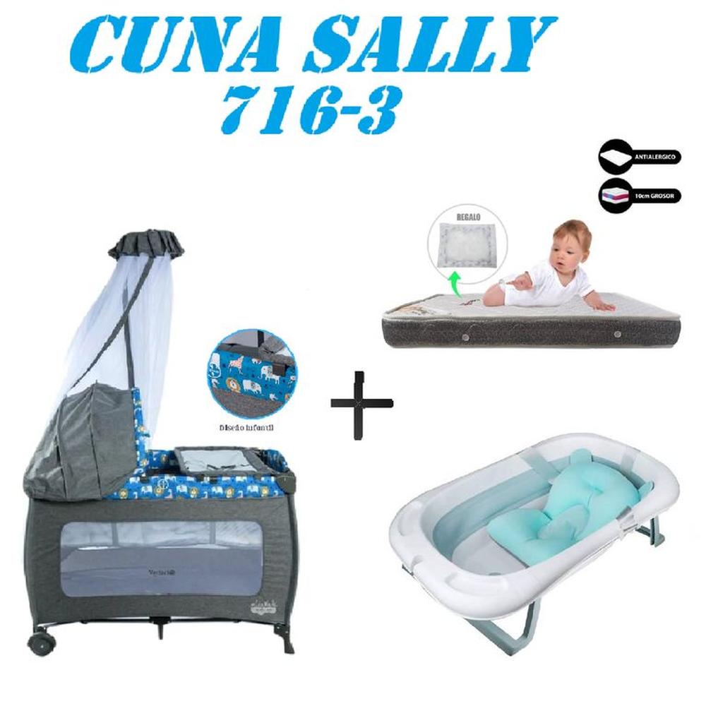 Cuna Ebaby 716-3 Sally Tina Azul Colchon Azul-Gris