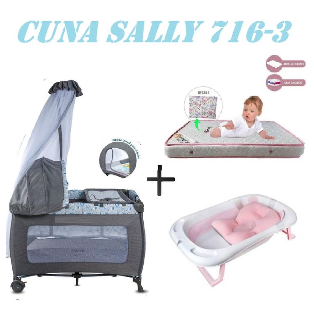 Cuna Ebaby 716-3 Sally Tina Rosa Colchon Gris-Rosa