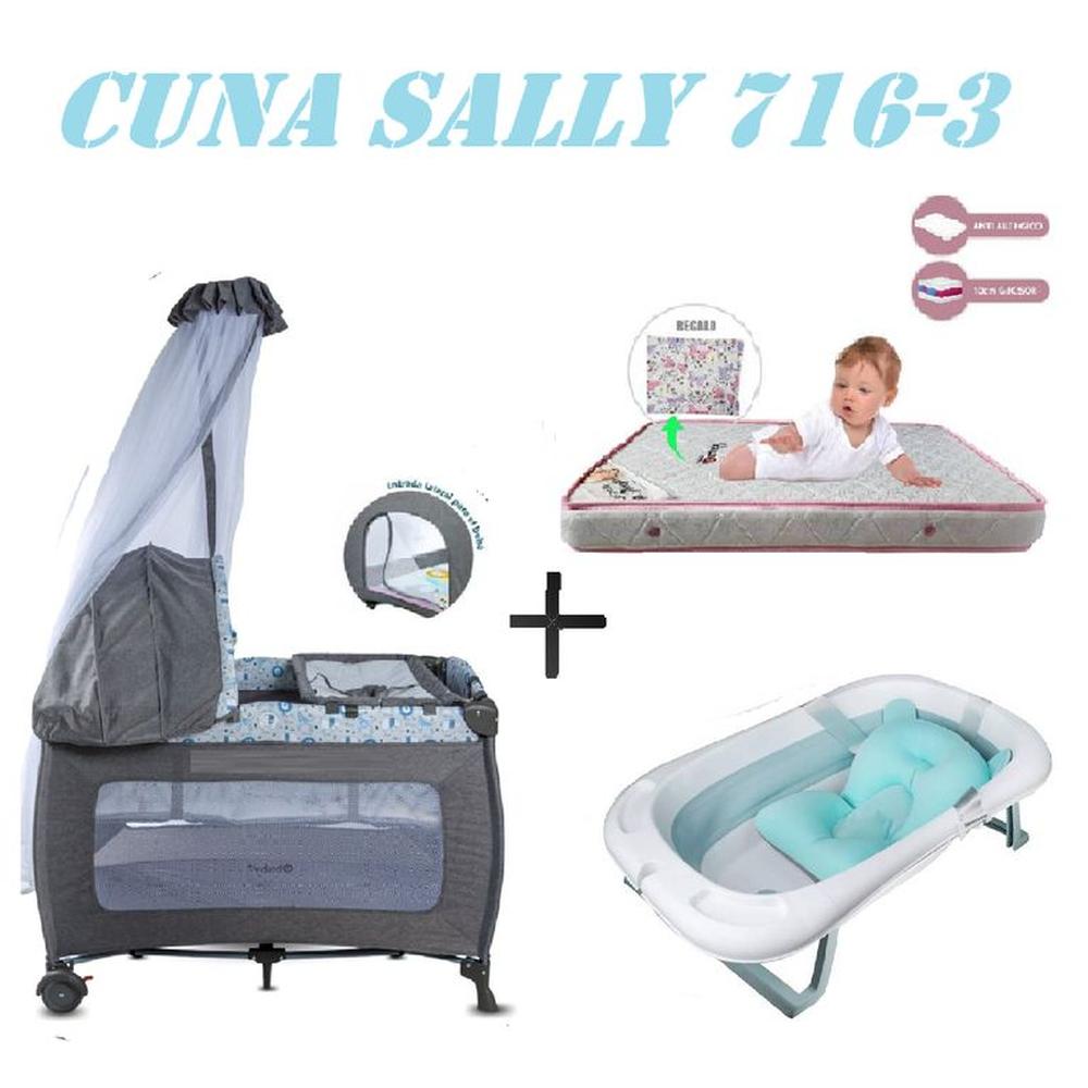 Cuna Ebaby 716-3 Sally Tina Azul Colchon Gris-Rosa