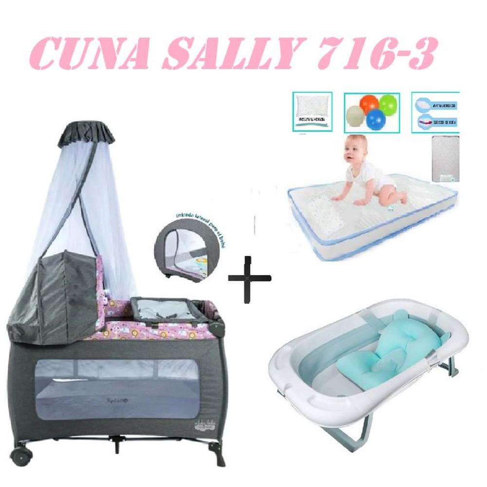 Cuna Ebaby 716-3 Sally Tina Azul Colchon Rosa-Celeste