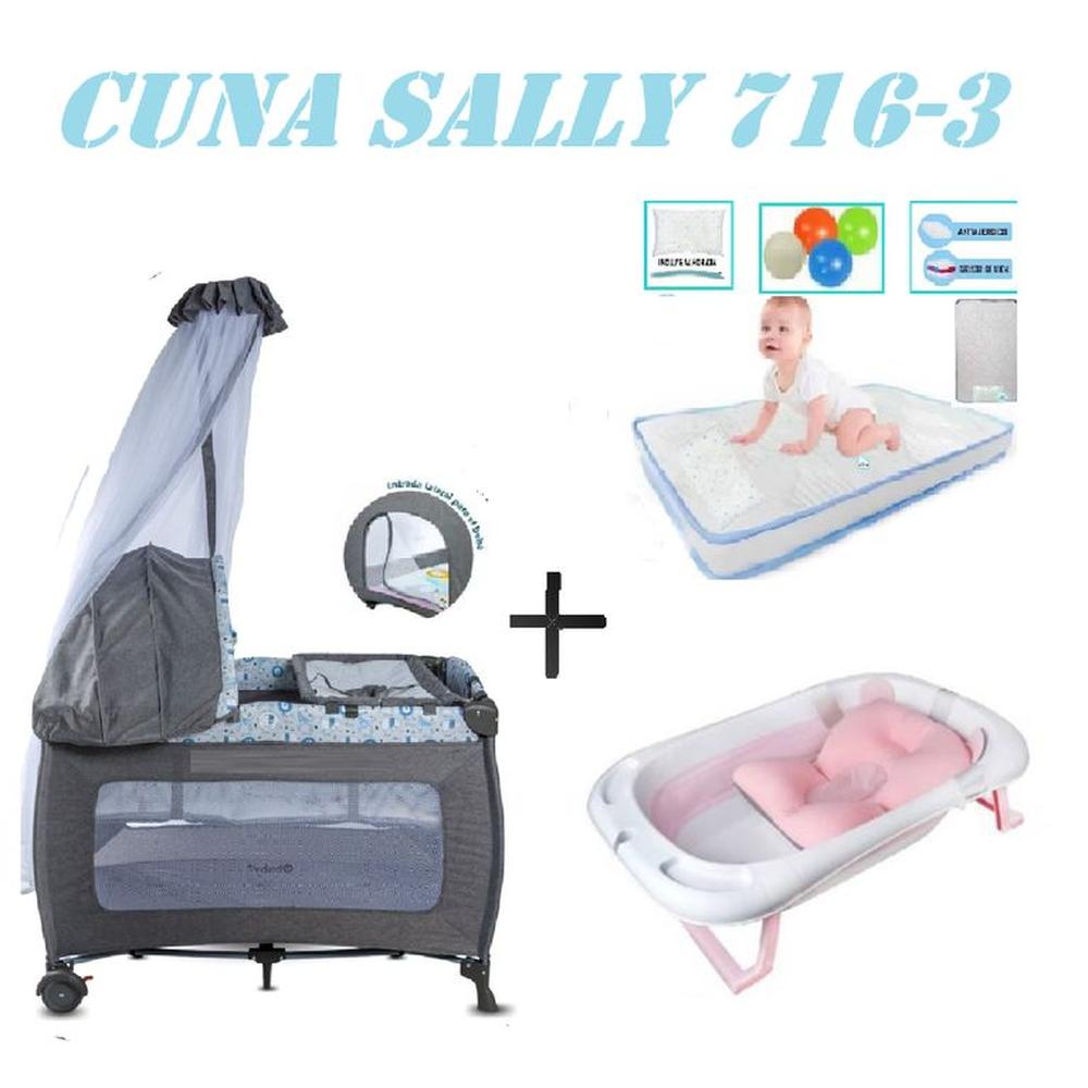 Cuna Ebaby 716-3 Sally Tina Rosa Colchon Gris-Celeste