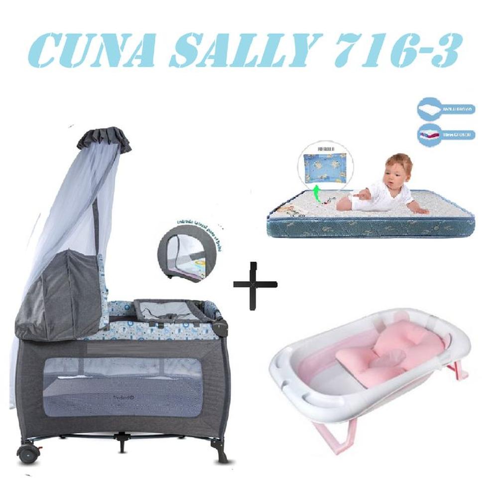 Cuna Ebaby 716-3 Sally Tina Rosa Colchon Gris-Azul