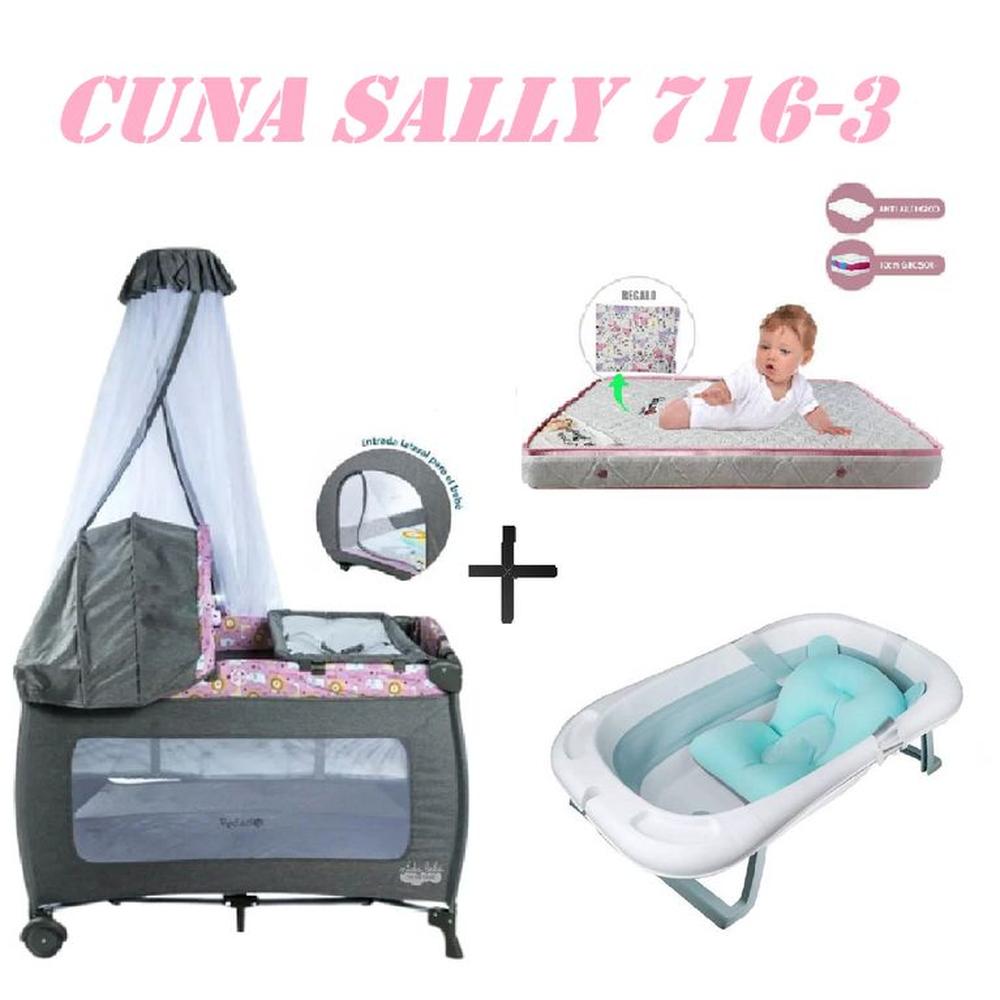 Cuna Ebaby 716-3 Sally Tina Azul Colchon Rosa-Rosa