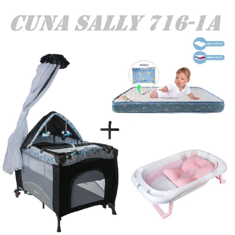 Cuna Sally 716-1A Tina Rosa Colchon Gris-Azul