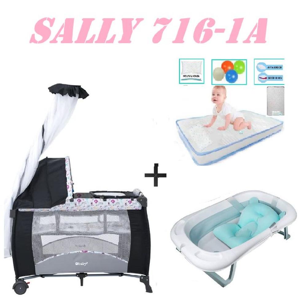Cuna Sally 716-1A Tina Azul Colchon Rosa -Celeste