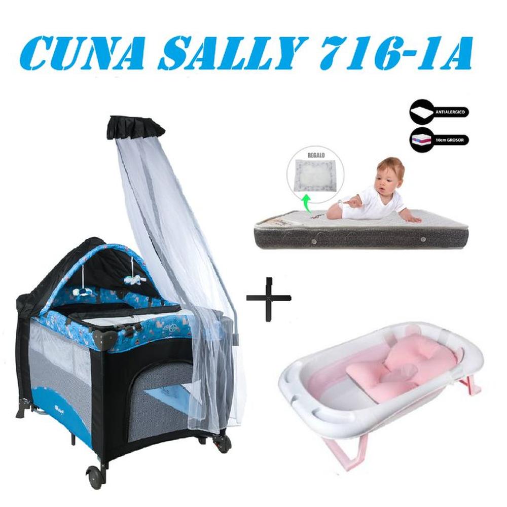 Cuna Sally 716-1A Tina Rosa Colchon Azul -Gris