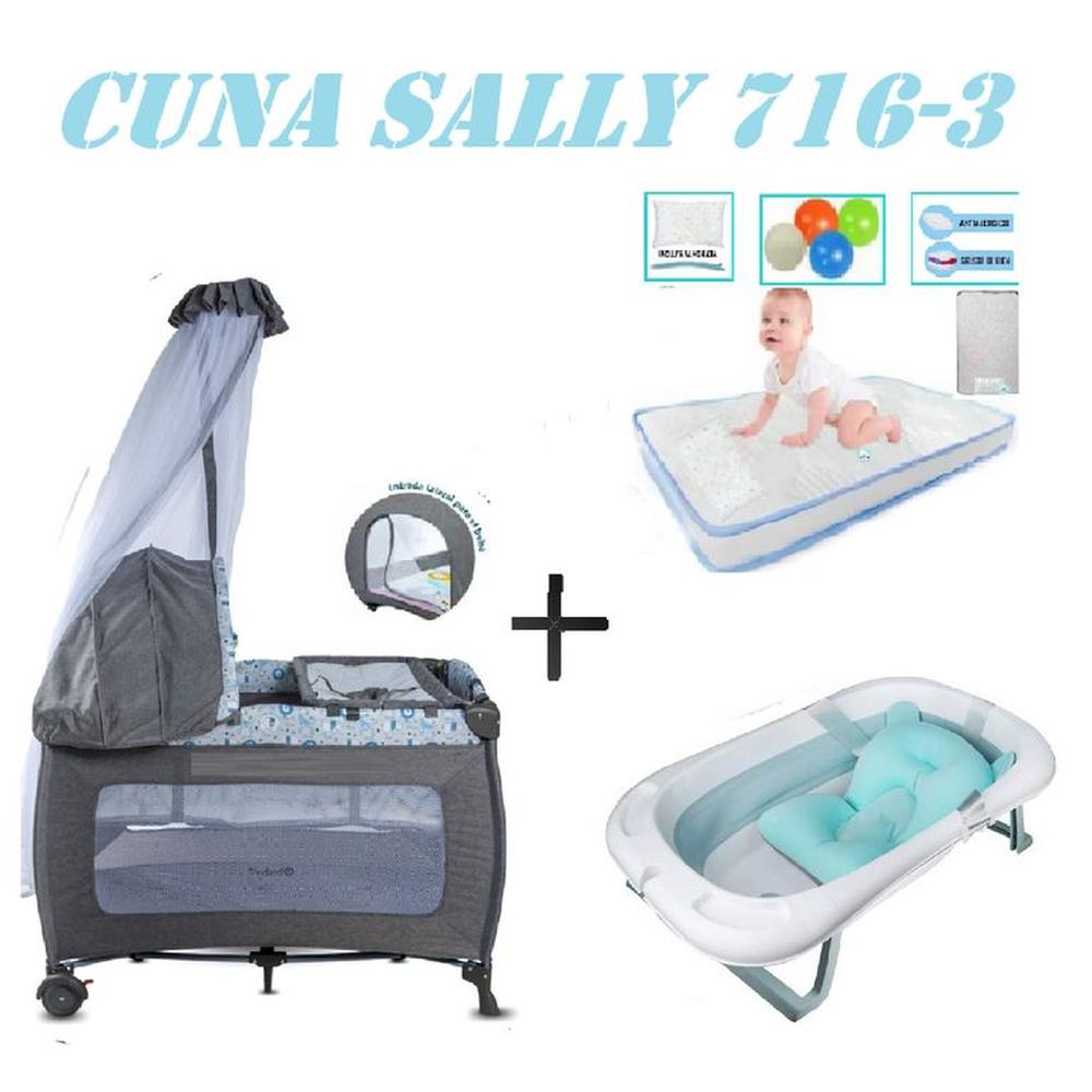 Cuna Ebaby 716-3 Sally Tina Azul Colchon Gris-Celeste