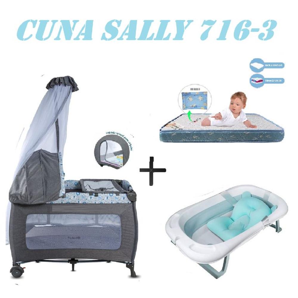 Cuna Ebaby 716-3 Sally Tina Azul Colchon Gris-Azul