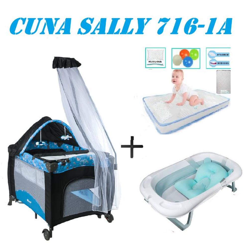 Cuna Sally 716-1A Tina Azul Colchon Azul -celeste