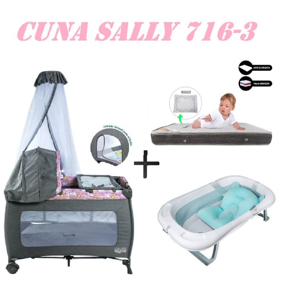 Cuna Ebaby 716-3 Sally Tina Azul Colchon Rosa-Gris