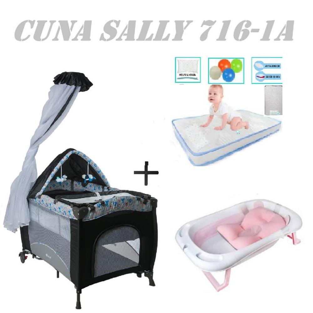 Cuna Sally 716-1A Tina Rosa Colchon Gris-Celeste
