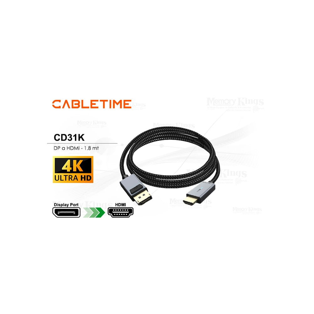 Cable DP a HDMI 1.8m CABLETIME CD31K, 4K a 30Hz, alta resolución y gra