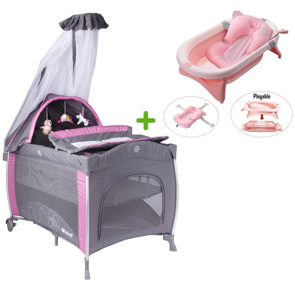 Cuna Corral Noa Aluminio Rosado + Tina Bañera Plegable
