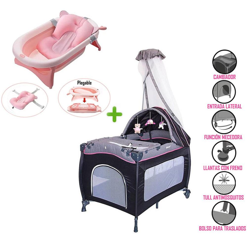Cuna Corral Mecedora SALLY 716 RS + Tina Plegable Rosado