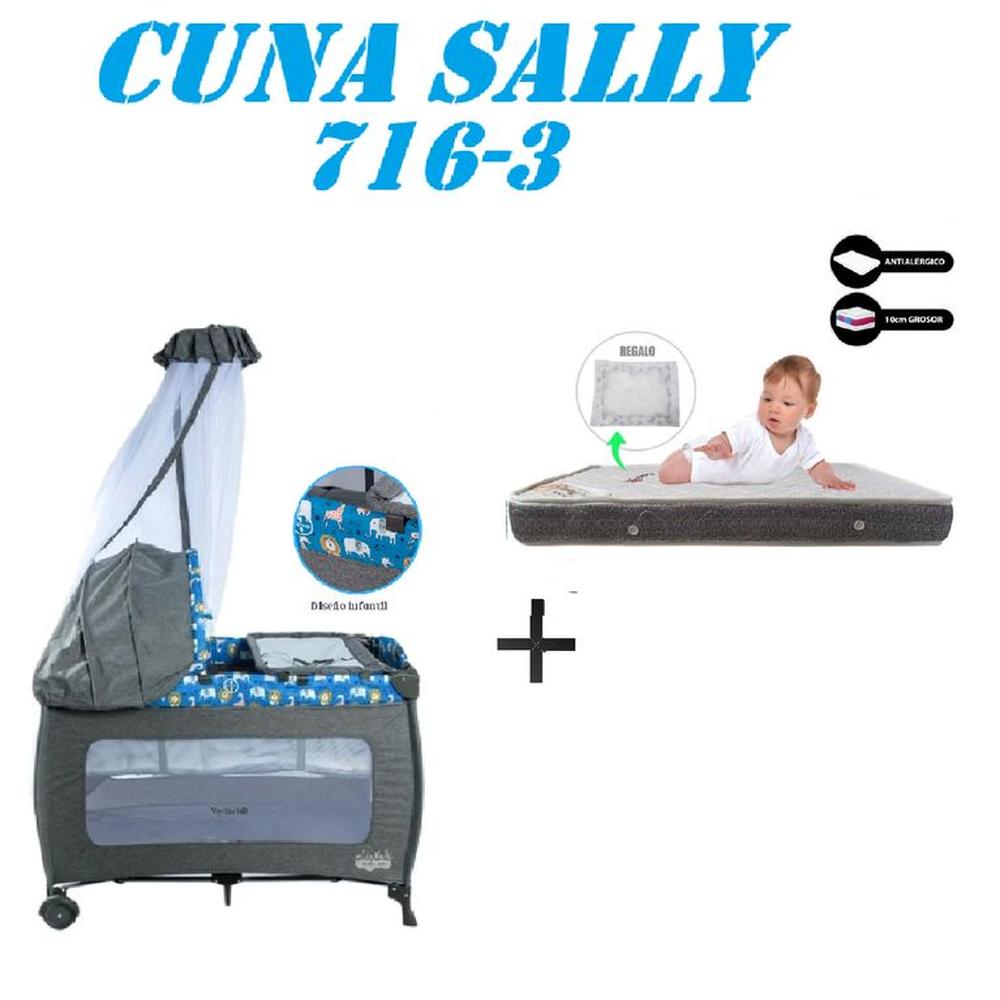 Cuna Corral Ebaby 716-3 Sally Colchon Azul -Gris