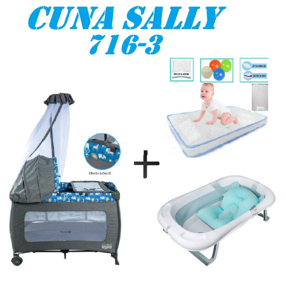 Cuna Ebaby 716-3 Sally Tina Azul Colchon Azul-Celeste