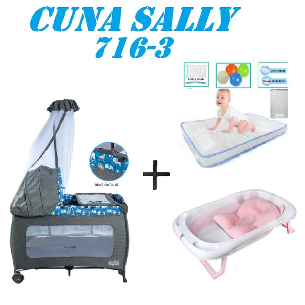 Cuna Ebaby 716-3 Sally Tina Rosa Colchon Azul-Celeste