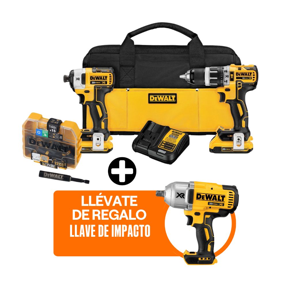 COMBO Dewalt Inalámbrico DCK287D2-K16: Taladro Percutor + Atornillador de Impacto + Llave de Impacto + Set 16 Piezas