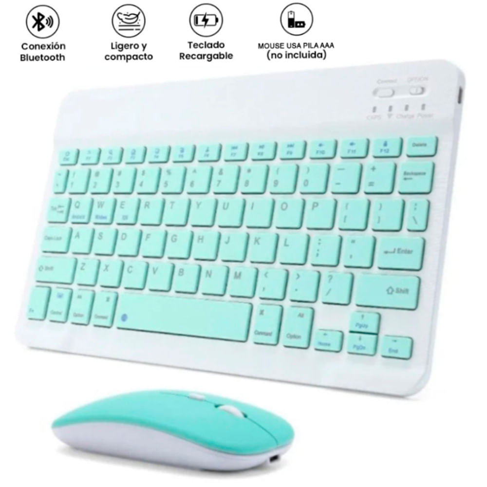 Kit Teclado Y Mouse Bluetooth Recargable Pc Tablet iPad Turquesa