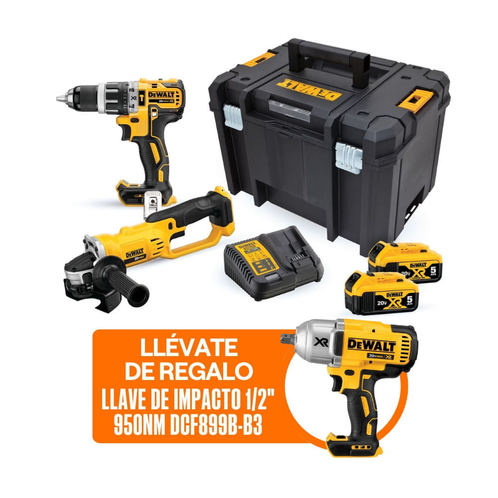 COMBO Dewalt Inalámbrico DCK209P2T-K13: Taladro percutor 1/2"" DCD796 + Esmeril angular 4 1/2"" DCG412 + Llave de impacto 1/2"" 950Nm DCF899B