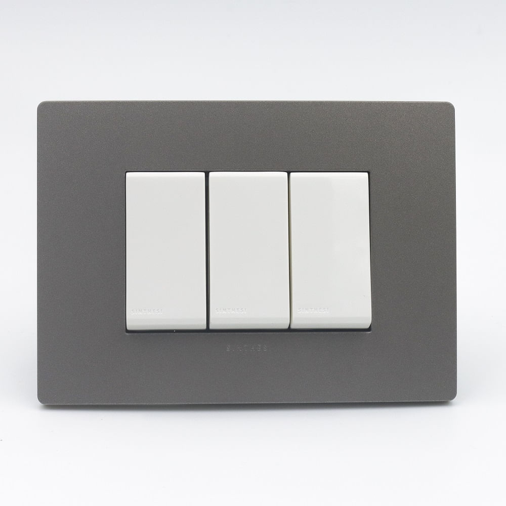 INTERRUPTOR TRIPLE 1 SIMPLE Y 2 CONMUTADOR 3 VIAS SINTHESI S33 PLACA PIEDRA Y DADOS BLANCOS