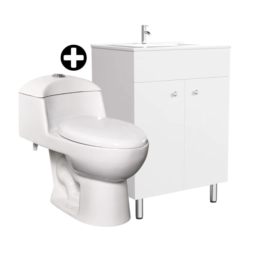 COMBO Orange: Inodoro One Piece Ártico 6L por descarga - Asiento Caída Lenta Blanco + Vanitorio Viena 60cm Blanco