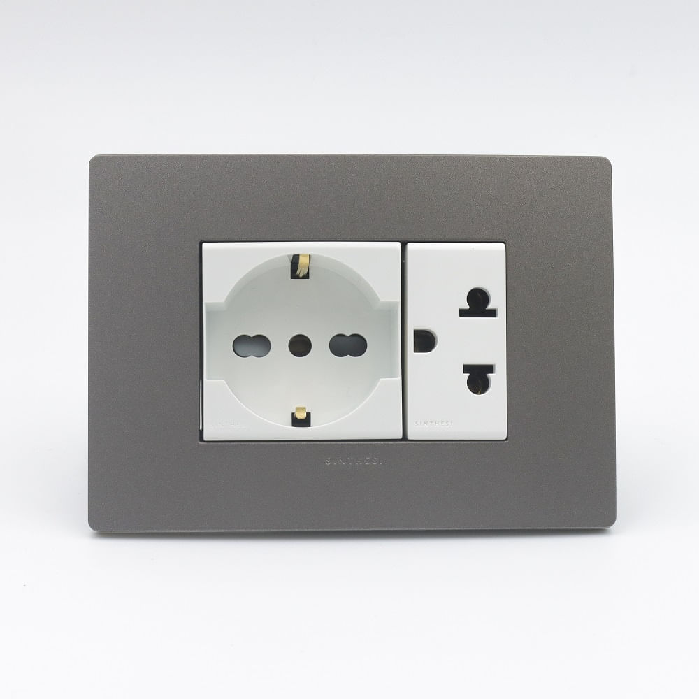 TOMACORRIENTE DOBLE 1 SCHUKO Y 1 UNIVERSAL SINTHESI S33 PLACA PIEDRA Y DADOS BLANCOS