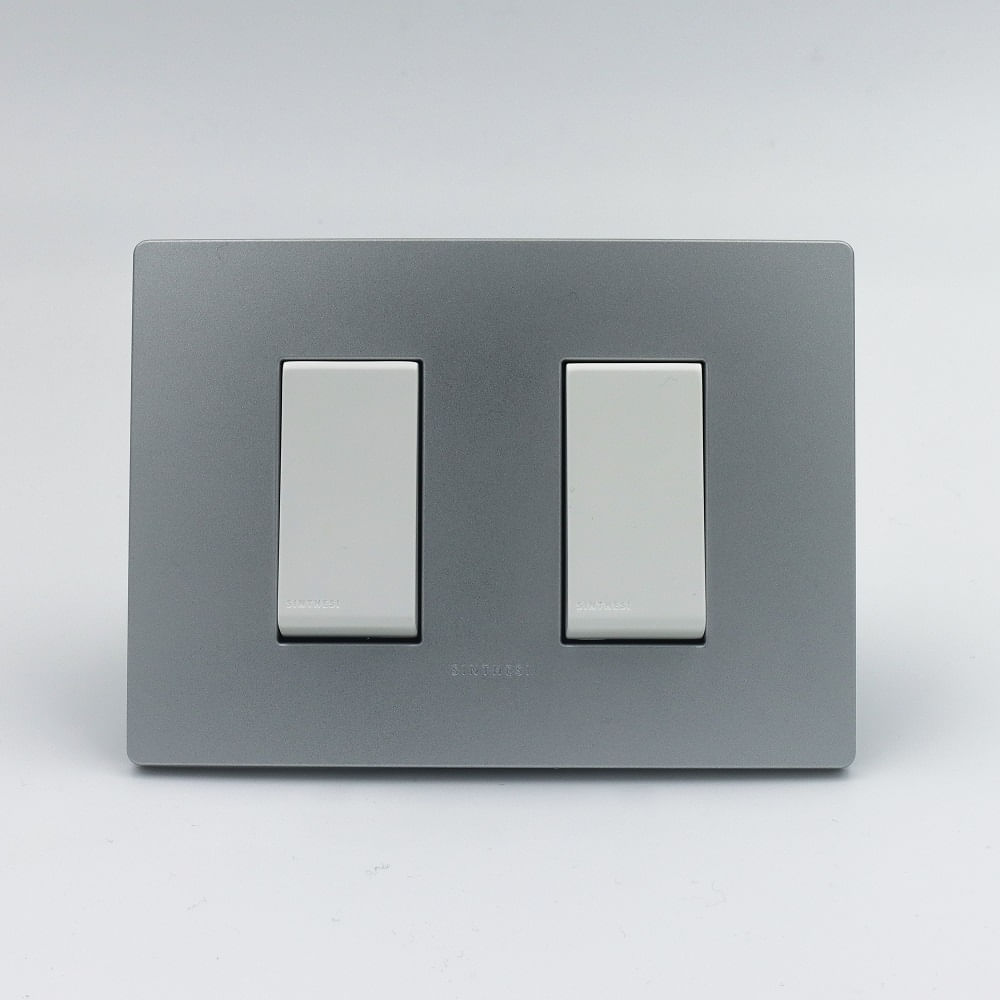 INTERRUPTOR DOBLE 1 SIMPLE Y 1 CONMUTADOR 3 VIAS SINTHESI S33 PLACA PLATA Y DADOS BLANCOS