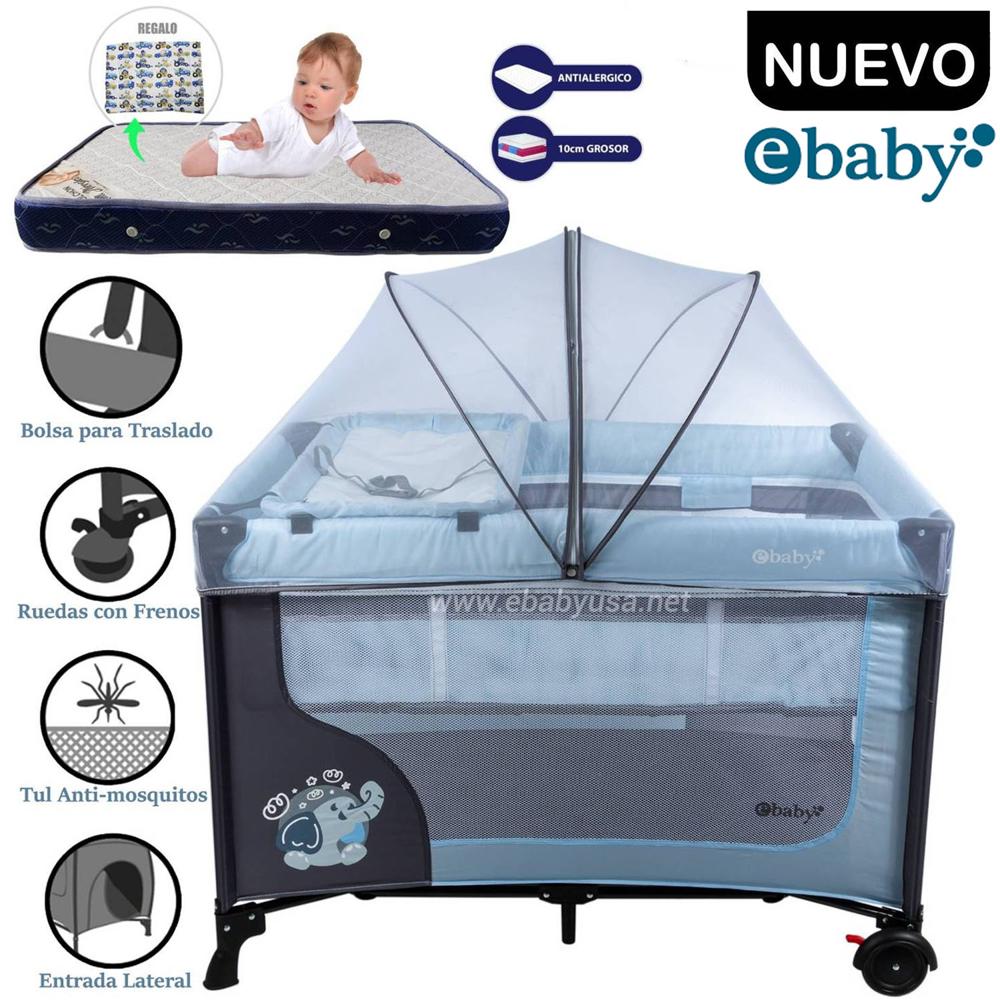 Cuna Corral Ebaby Con Cambiador Happy Dream Celeste+Colchón Azul