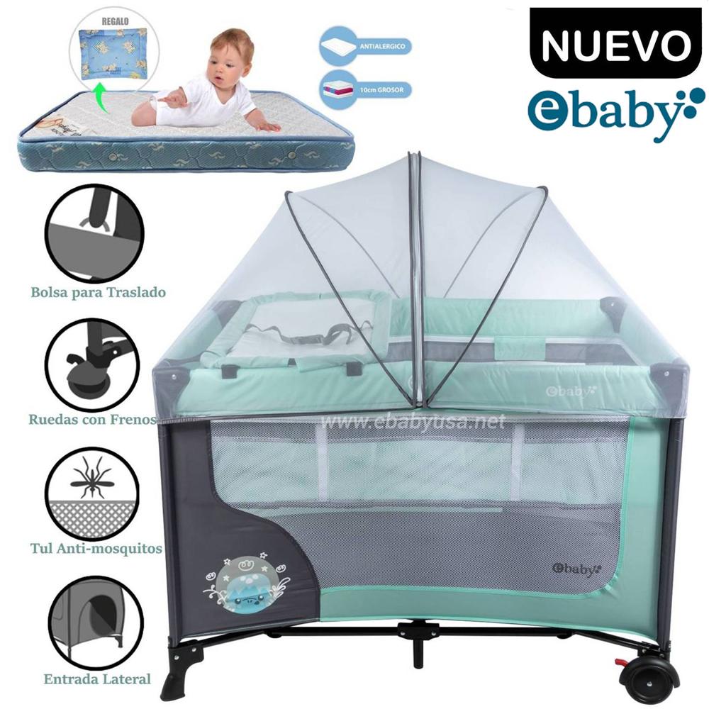 Cuna Corral Ebaby Con Cambiador Happy Dream Verde+Colchón Celeste