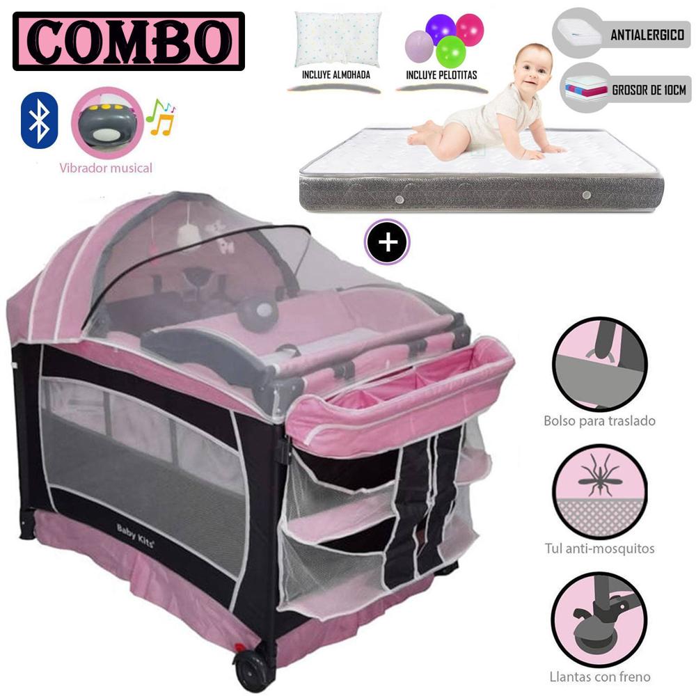 Cuna Corral Baby Kits Verona Rosado+ Colchón 4 "" Gris