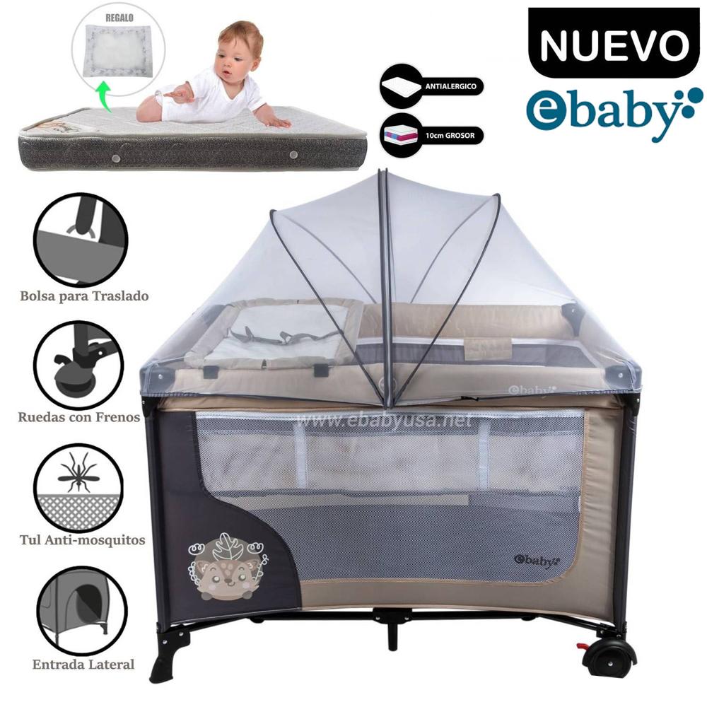 Cuna Corral Ebaby Con Cambiador Happy Dream Beige + Colchón Gris