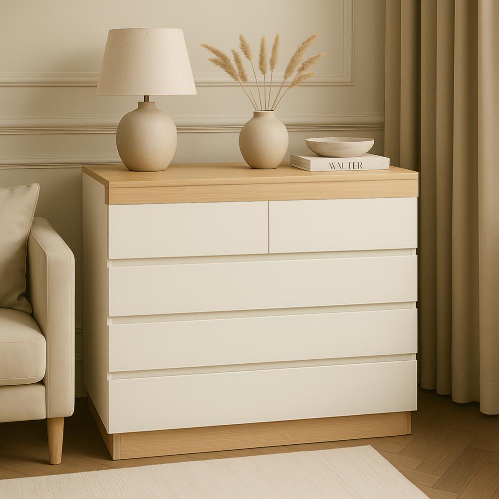 Cómoda Alba 5 Cajones Blanco y Duna 100 cm Huk