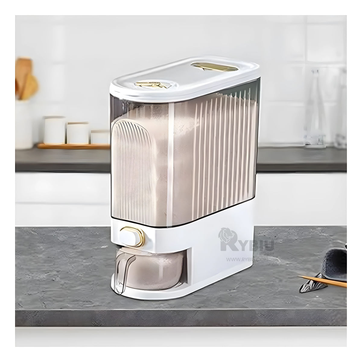 Dispensador Practico de Arroz en Blanco Y+Agendita
