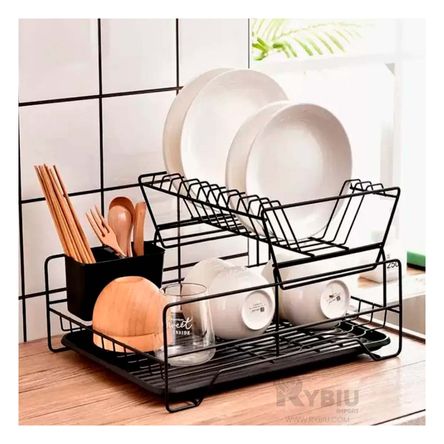 Escurridor de Platos de 2 Niveles con Bandeja en Color Negro Escurridor de Platos de 2 Niveles con Bandeja en Color Negro