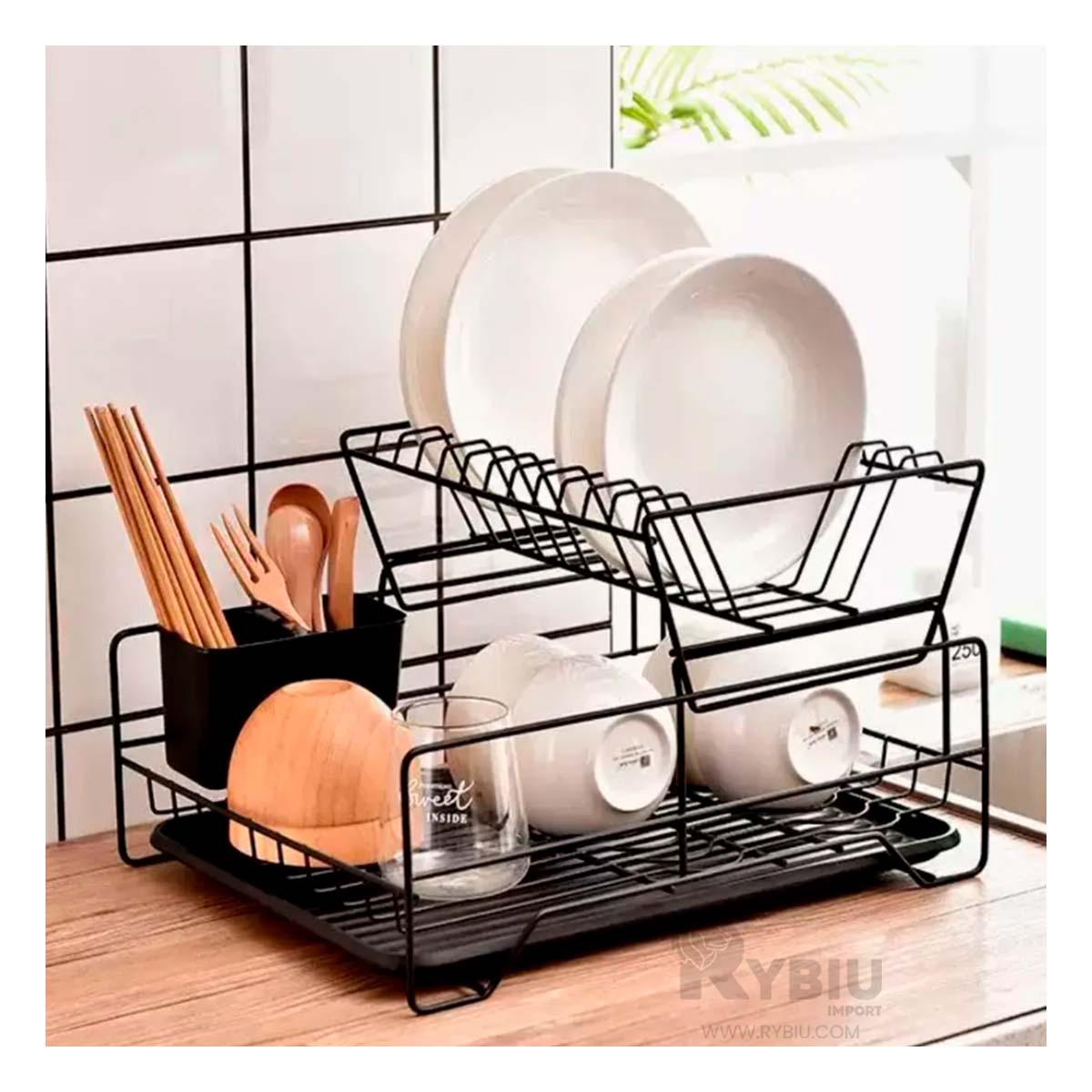 Escurridor de Platos de 2 Niveles con Bandeja en Color Negro