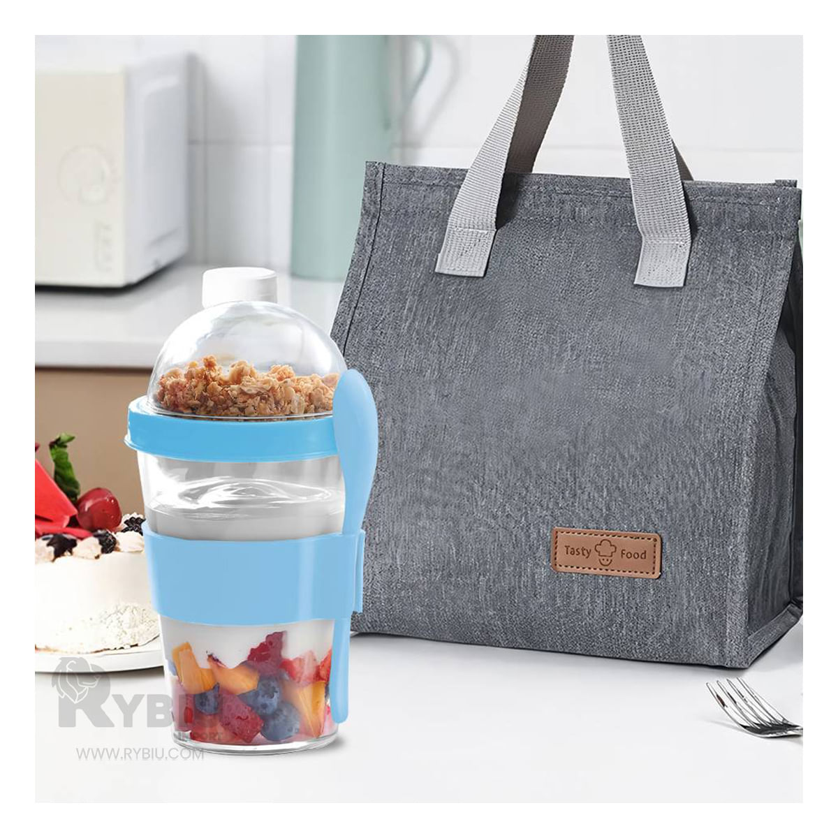 Vaso Conveniente con Cuchara Incluida en Celeste Y+Agendita