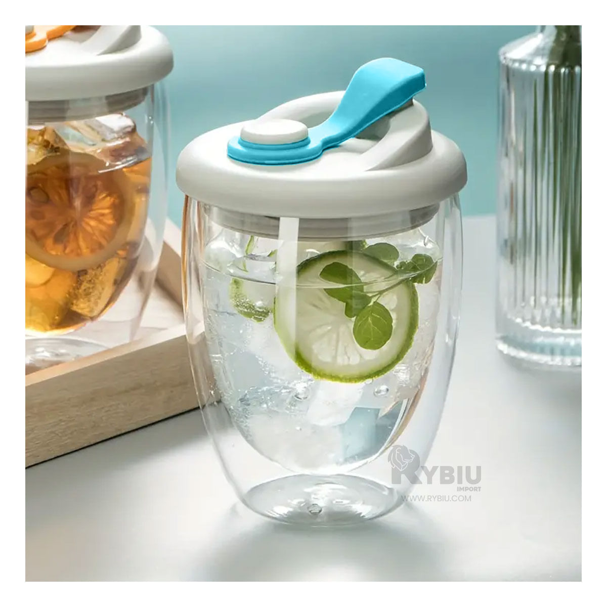 Vaso Doble Moderno con Tapa de Color Celeste Y+Agendita