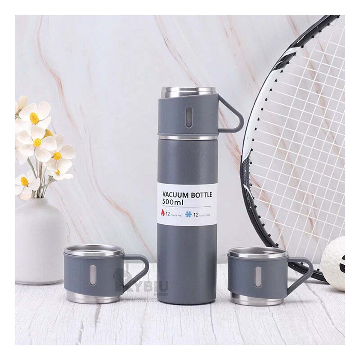 Termo Individual de Acero con 2 Tazas en Plomo