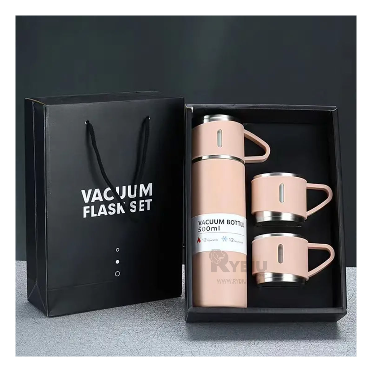 Termo Individual de Acero con 2 Tazas en Rosado