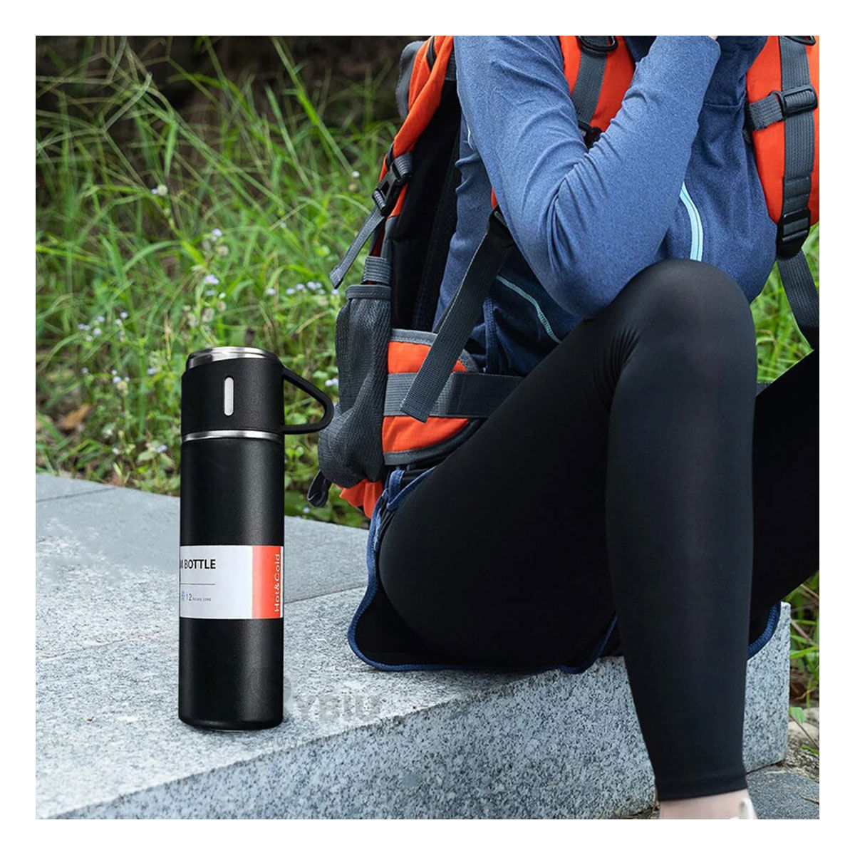 Termo Individual de Acero Elegante con 2 Tazas en Negro