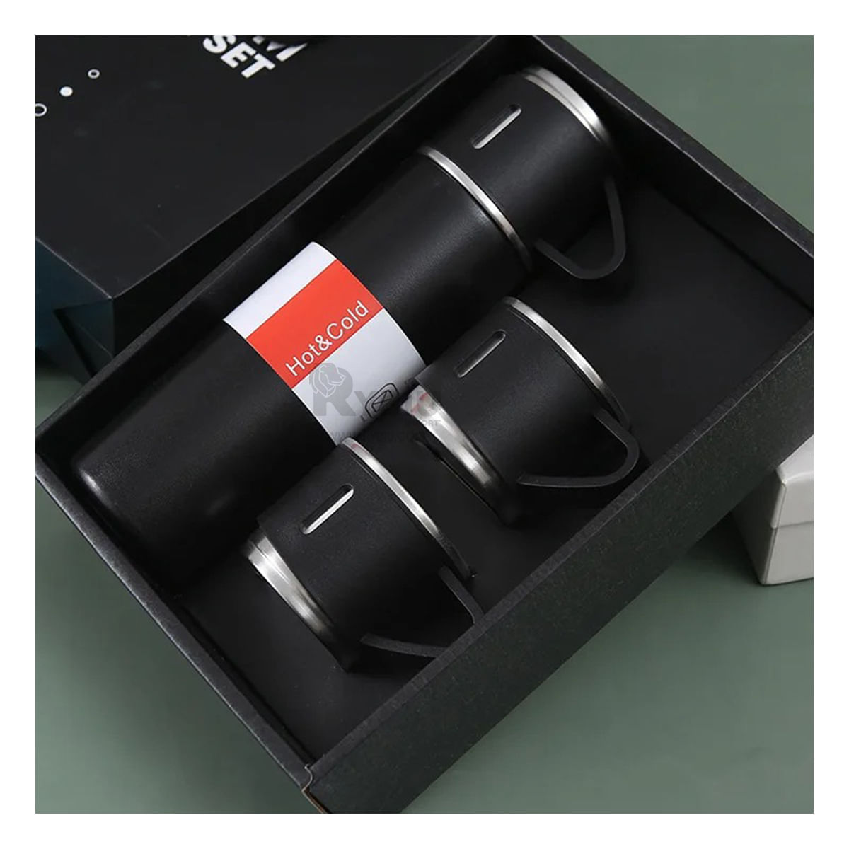 Termo Individual de Acero Elegante con 2 Tazas en Negro