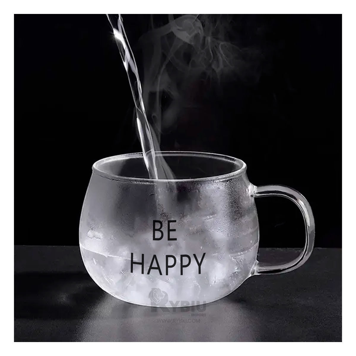Taza de Vidrio Diseño Be Happy de Color Transparente