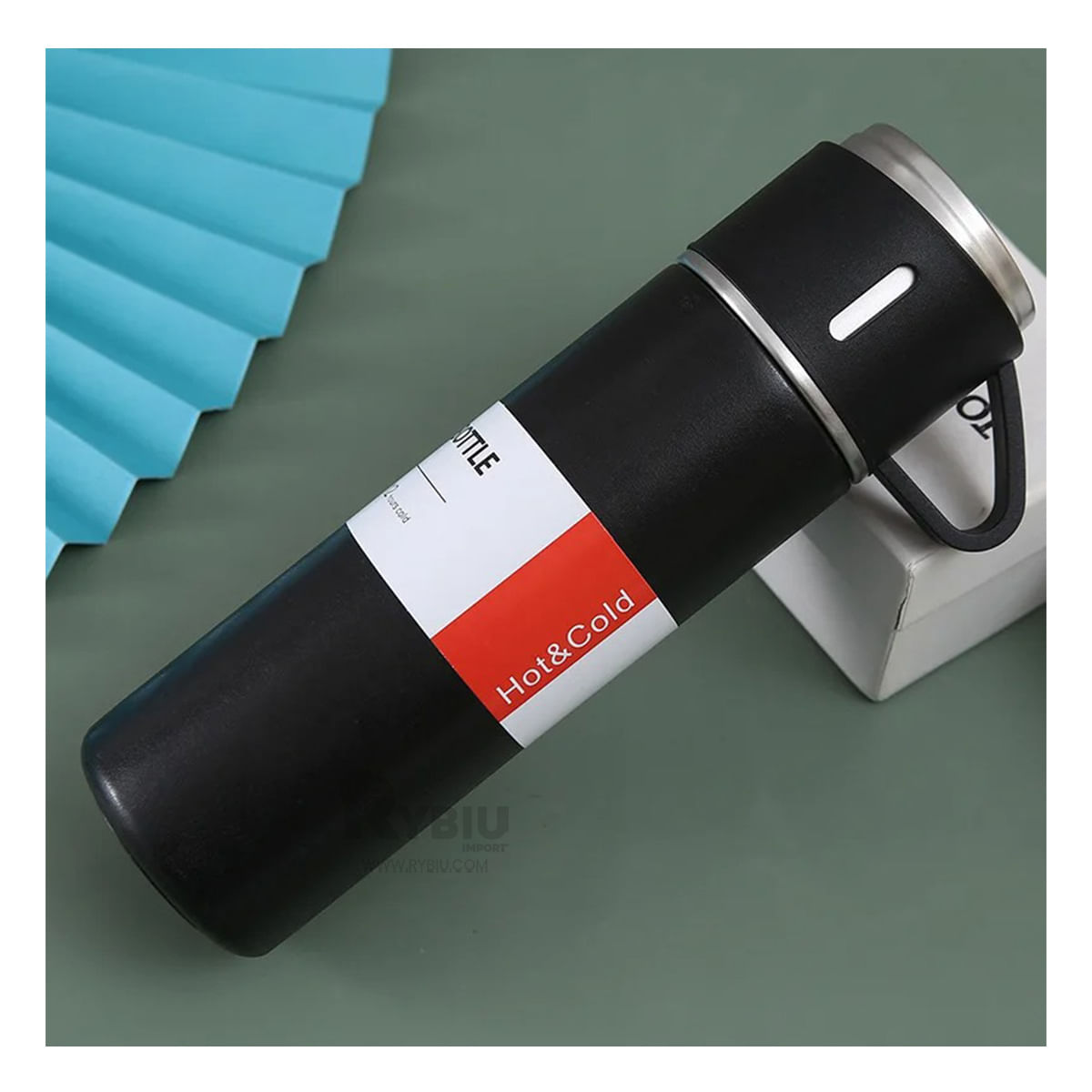 Termo Individual de Acero Elegante con 2 Tazas en Negro